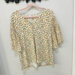 Calvin Klein Floral Blouse - Yellow & Green Sheer Flutter Sleeve Womens Size XL